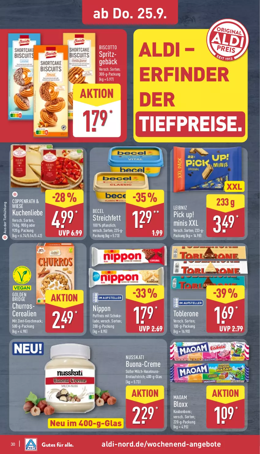 Aktueller Prospekt Aldi Nord - Von Montag - von 22.09 bis 27.09.2025 - strona 34 - produkty: aldi, angebot, angebote, aufstrich, aus der tiefkühlung, becel, biscotto, bonbons, brot, brotaufstrich, cerealien, coppenrath, eis, elle, haselnuss, kuchen, leibniz, mac, maoam, milch, nippon, nuss, Pick Up!, reis, schoko, teller, Ti, tiefpreis, toblerone