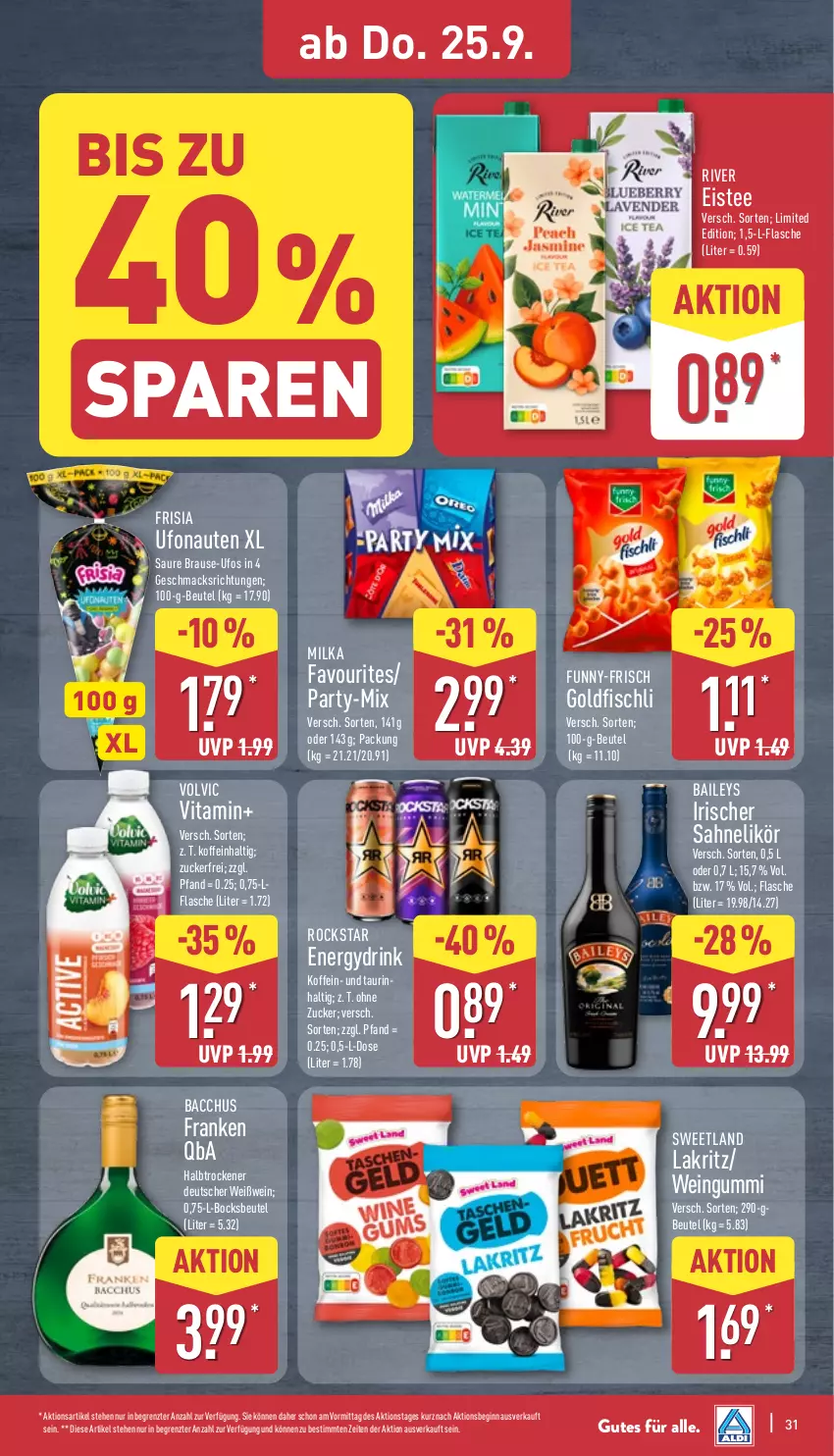 Aktueller Prospekt Aldi Nord - Von Montag - von 22.09 bis 27.09.2025 - strona 35 - produkty: ACC, baileys, beutel, brause, drink, eis, eistee, fisch, flasche, funny-frisch, gin, Goldfischli, Lakritz, likör, mac, milka, Rockstar, sahne, Sweetland, tee, Ti, vita, volvic, wein, Weißwein, ZTE, zucker