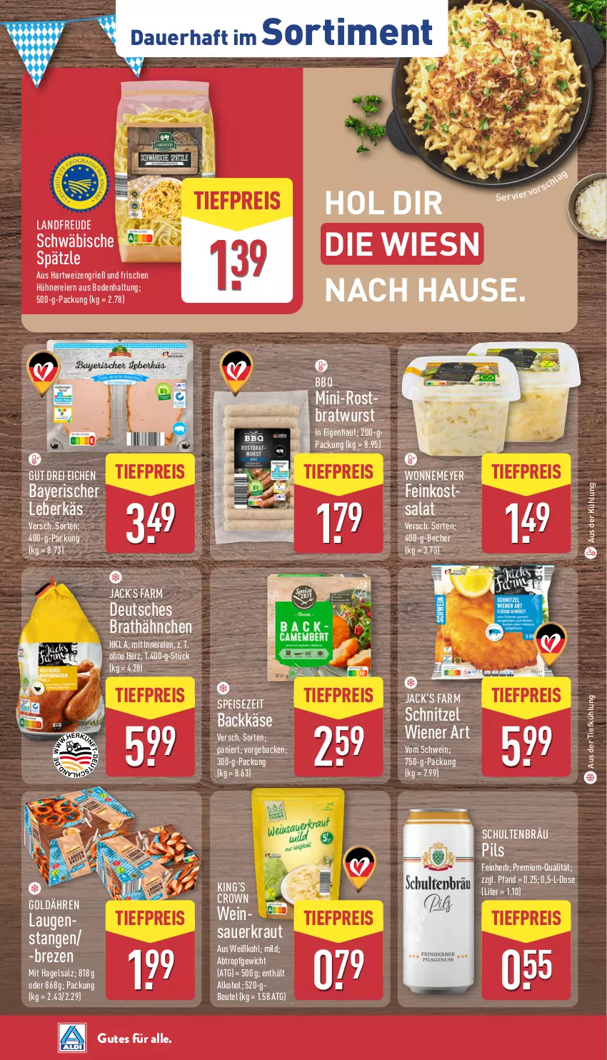 Aktueller Prospekt Aldi Nord - Von Montag - von 22.09 bis 27.09.2025 - strona 37 - produkty: alkohol, auer, aus der tiefkühlung, Becher, beutel, bratwurst, eier, eis, feinkost, geback, hartweizen, hühner, Käse, Kraut, Laugenstange, leberkäs, pils, reis, rostbratwurst, salat, salz, Sauerkraut, schnitzel, schwein, Ti, tiefpreis, wein, Weißkohl, wiener, wurst