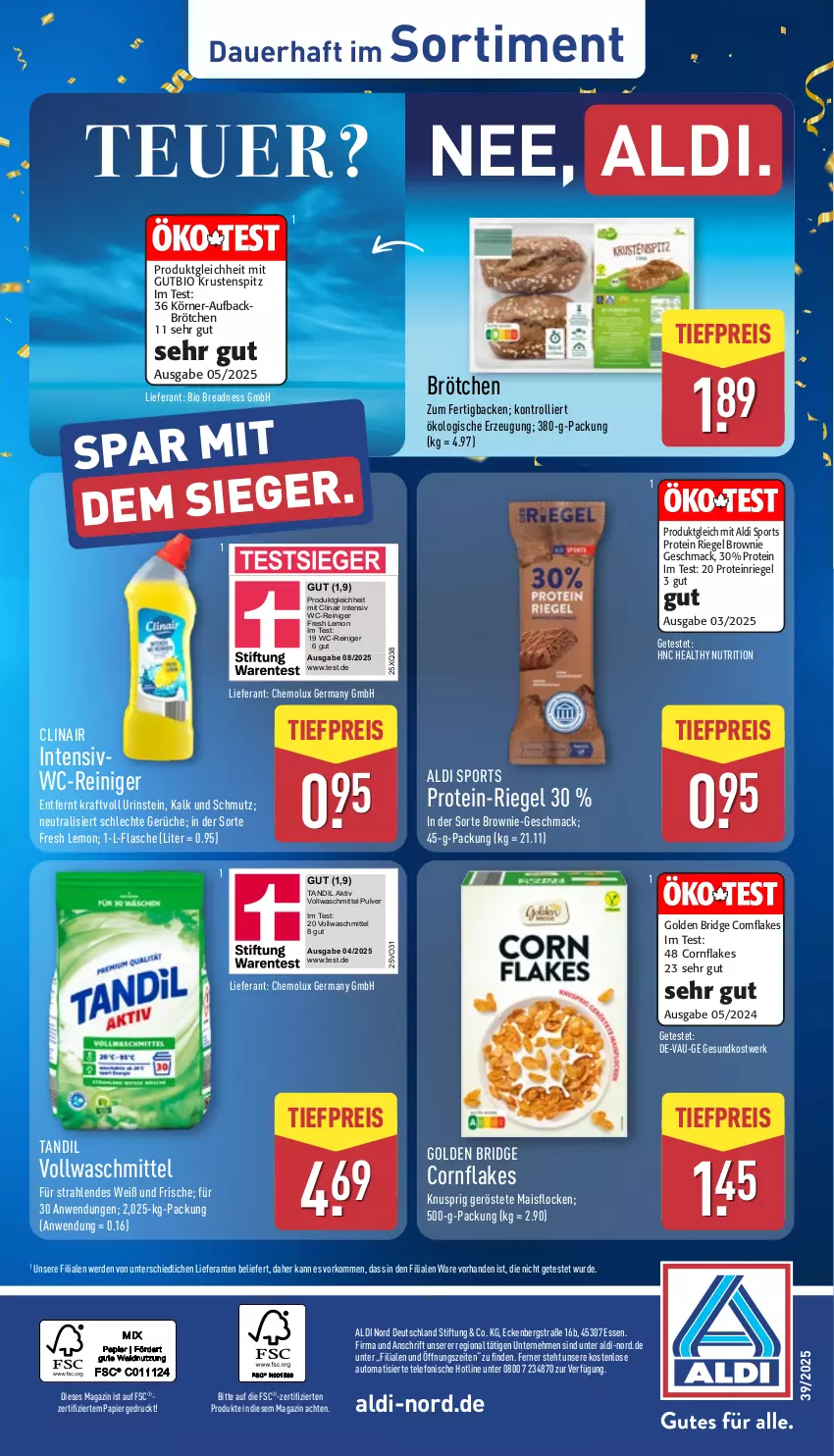 Aktueller Prospekt Aldi Nord - Von Montag - von 22.09 bis 27.09.2025 - strona 4 - produkty: aldi, auer, auto, bio, brötchen, brownie, Clin, eis, erde, flakes, flasche, Germ, gutbio, kraft, mac, magazin, mais, ndk, papier, reiniger, reis, riegel, Sport, telefon, Ti, tiefpreis, trolli, vollwaschmittel, waschmittel, wc-reiniger