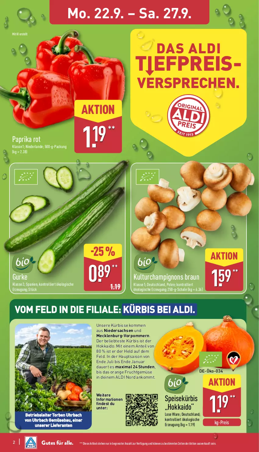 Aktueller Prospekt Aldi Nord - Von Montag - von 22.09 bis 27.09.2025 - strona 6 - produkty: aldi, auer, Bau, braun, champignon, champignons, champignons braun, eis, frucht, gurke, Kürbis, orange, paprika, paprika rot, reis, sac, Schal, Schale, Ti, trolli, uhr, ZTE