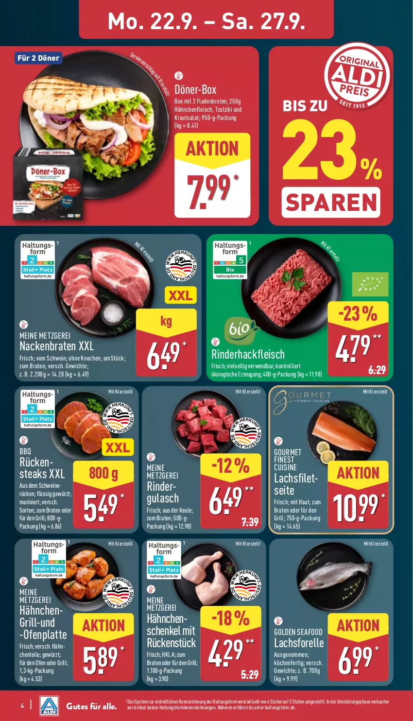 Aktueller Prospekt Aldi Nord - Von Montag - von 22.09 bis 27.09.2025 - strona 8 - produkty: bio, braten, brot, eis, elle, filet, filets, Fladenbrot, fleisch, forelle, gewürz, grill, gulasch, hackfleisch, Hähnchenfleisch, hähnchenschenkel, henkel, Kraut, krautsalat, küche, Küchen, lachs, lachsfilet, lachsfilets, latte, Ofen, rel, rind, rinder, rinderhackfleisch, rwe, salat, schenkel, schwein, schweine, steak, steaks, Ti, trolli, tzatziki, wein, weine
