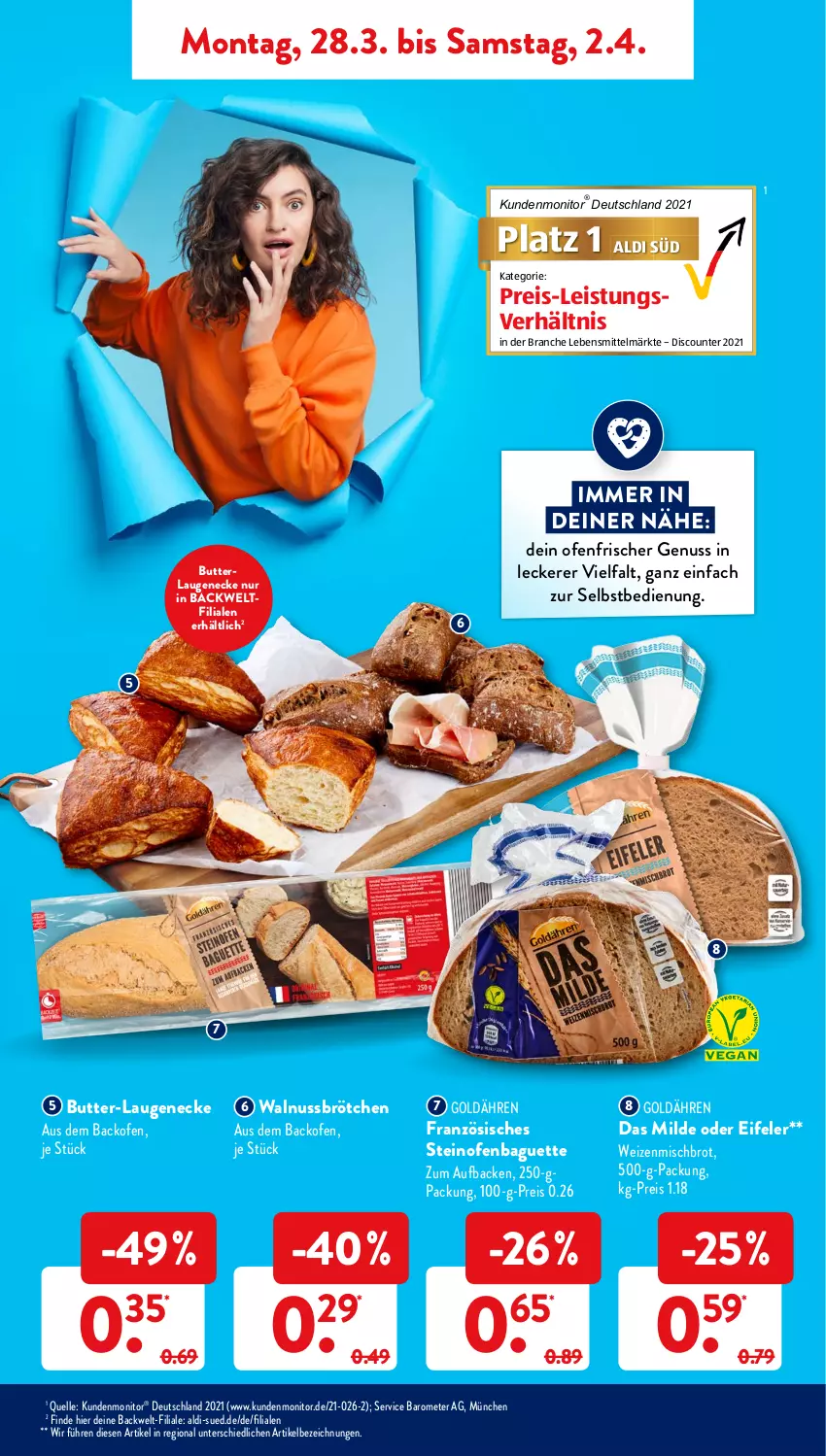 Aktueller Prospekt AldiSud - ALDI Aktuell - von 28.03 bis 02.04.2022 - strona 9 - produkty: aldi, backofen, baguette, brot, brötchen, butter, discount, eis, elle, Laugeneck, lebensmittel, monitor, nuss, Ofen, reis, steinofen, Ti, walnuss, weizenmischbrot