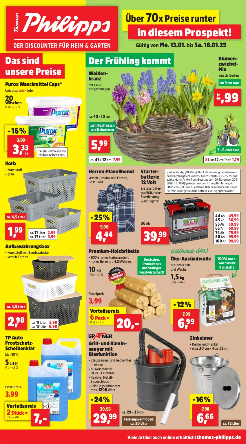 Aktueller Prospekt Thomas Philipps - von 13.01 bis 18.01.2025 - strona 1 - produkty: aufbewahrungsbox, auto, bambus, batterie, batterien, blume, blumen, briketts, Cap, decke, Deckel, eimer, eis, grill, hemd, henkel, Holz, Holzbriketts, Kamin, Kinder, korb, Kranz, natur, pflanze, pflanzen, Rauch, reis, schlauch, staubsauger, Ti, topf, vorteilspreis, waschmittel, wolle, zwiebel, zwiebeln