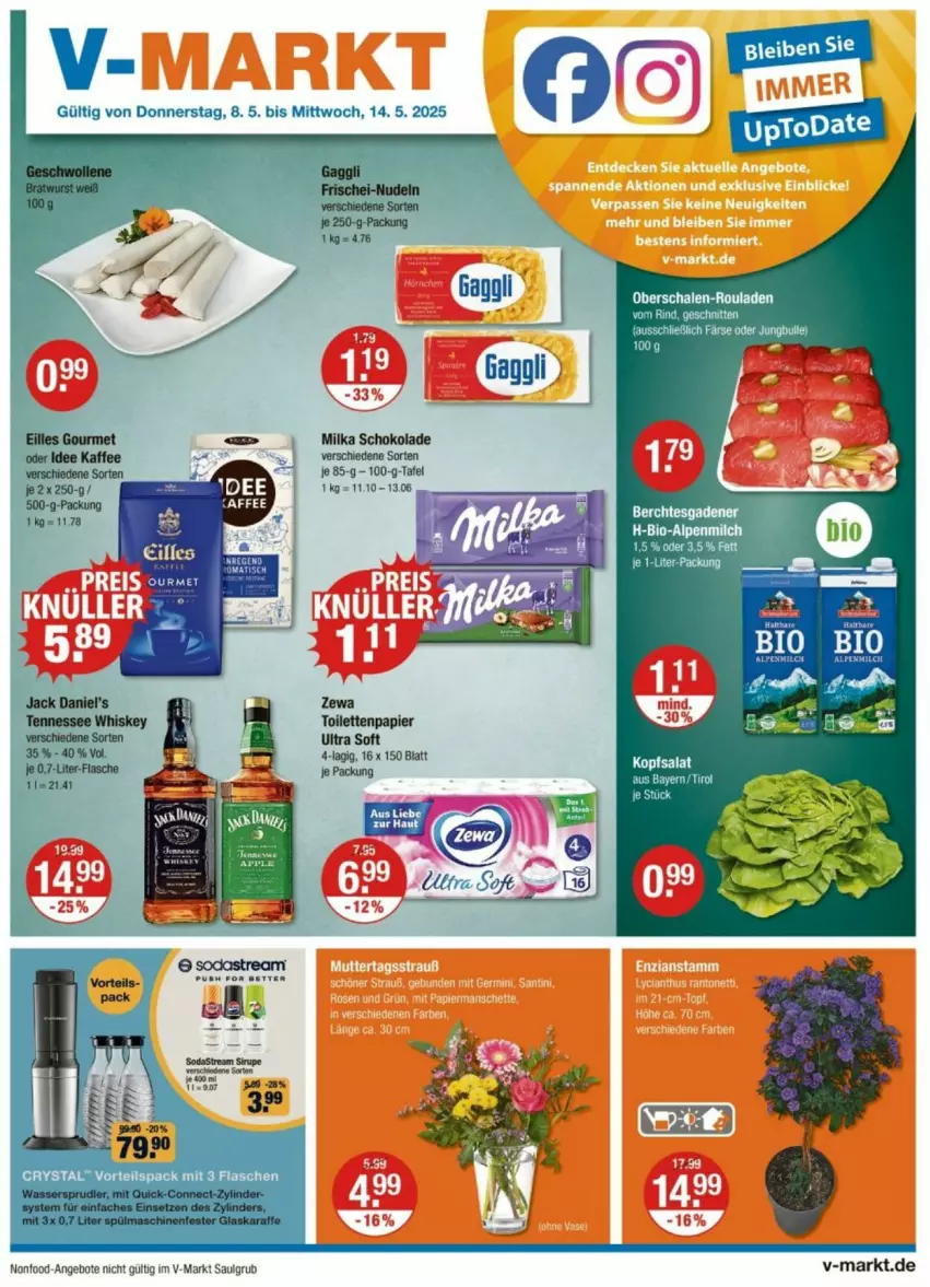 Aktueller Prospekt Vmarkt - Prospekte - von 08.05 bis 14.05.2025 - strona 1 - produkty: angebot, angebote, flasche, LG, milka, milka schokolade, papier, pilze, rouladen, Schal, Schale, schoko, schokolade, Ti, toilettenpapier, zewa