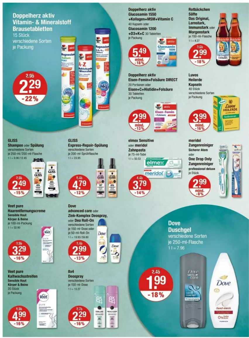 Aktueller Prospekt Vmarkt - Prospekte - von 08.05 bis 14.05.2025 - strona 10 - produkty: deo, deo roll-on, deospray, doppelherz, dove, eis, elmex, erde, flasche, gin, gliss, Glucosamin, Kollagen, meridol, pasta, reiniger, roll-on, säfte, sprühflasche, spülung, tablet, tablett, Tablette, Ti, vita, Vitamin C, zahnpasta