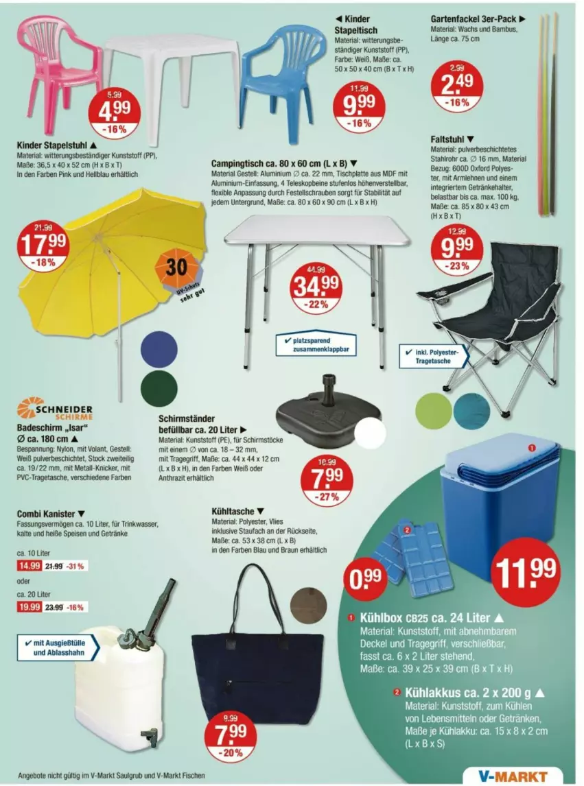 Aktueller Prospekt Vmarkt - Prospekte - von 08.05 bis 14.05.2025 - strona 17 - produkty: akku, angebot, angebote, armlehnen, Bad, bambus, braun, Campingtisch, eis, fisch, fische, Garten, Gartenfackel, getränk, getränke, HP, Kinder, kühlakku, kühlakkus, kühltasche, latte, lebensmittel, LG, Ria, schirme, schirmständer, schrauben, stapelstuhl, stuhl, Tasche, Ti, tisch, tischplatte, tragegriff, tragetasche, wasser