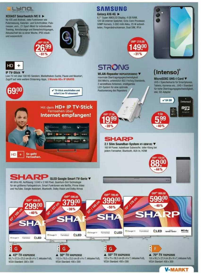 Aktueller Prospekt Vmarkt - Prospekte - von 08.05 bis 14.05.2025 - strona 19 - produkty: akku, deo, elle, fernseher, HDMI, intenso, kamera, Kameras, messer, microsd, microsdxc, netflix, rum, Samsung, samsung galaxy, Samsung Galaxy A, Sharp, smartphone, smartphones, smartwatch, soundbar, speicherkarte, Spektrum, Sport, Subwoofer, Ti, wasser, Yo