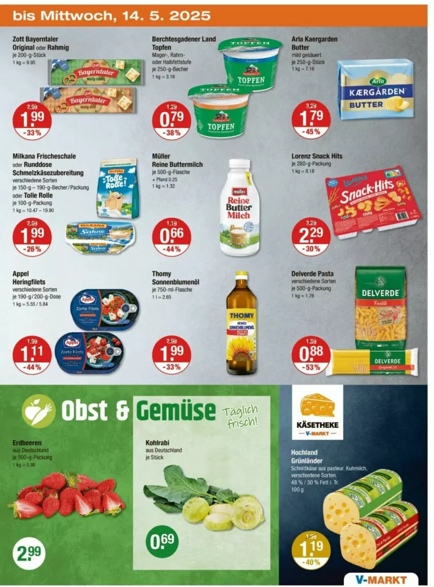 Aktueller Prospekt Vmarkt - Prospekte - von 08.05 bis 14.05.2025 - strona 23 - produkty: arla, Becher, blume, blumen, blumenöl, butter, buttermilch, eis, filet, filets, flasche, gin, hering, Käse, kohlrabi, lorenz, milch, milka, milkana, Müller, reine buttermilch, reis, ring, Schal, Schale, Schmelzkäse, schmelzkäsezubereitung, snack, snack hits, sonnenblume, sonnenblumen, sonnenblumenöl, thomy, zott