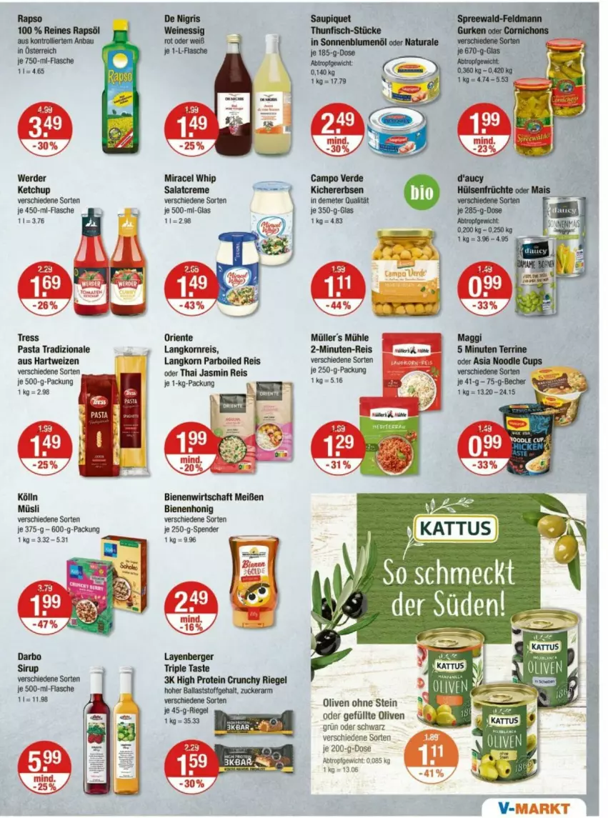 Aktueller Prospekt Vmarkt - Prospekte - von 08.05 bis 14.05.2025 - strona 7 - produkty: blume, blumen, blumenöl, eis, ente, erde, essig, fisch, flasche, honig, ketchup, kölln, korn, Langkornreis, maggi, Müller, müsli, natur, natura, olive, oliven, reis, saupiquet, sonnenblume, sonnenblumen, sonnenblumenöl, terrine, thunfisch, wein, weine