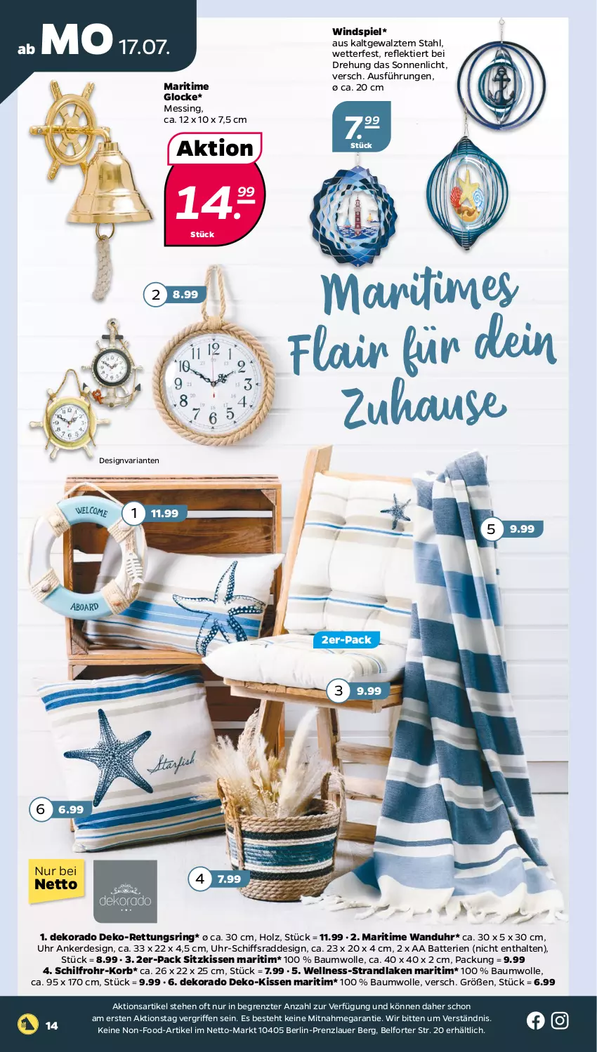 Aktueller Prospekt Netto - Woche 29 - von 17.07 bis 22.07.2023 - strona 14 - produkty: auer, batterie, batterien, Bau, baumwolle, erde, Holz, kissen, korb, Ria, ring, sitzkissen, strandlaken, Ti, uhr, wanduhr, wolle, ZTE