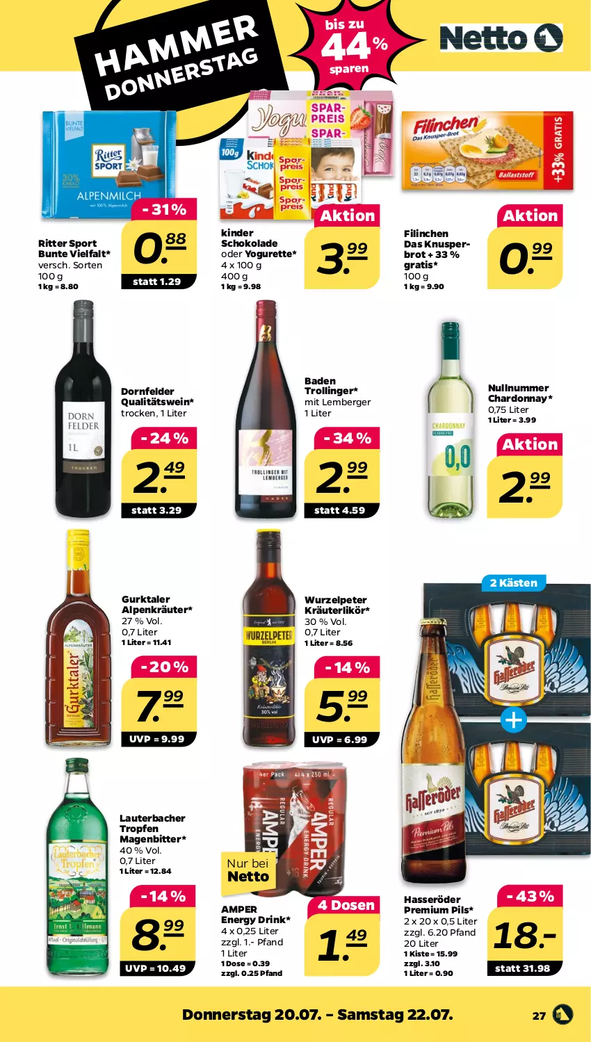 Aktueller Prospekt Netto - Woche 29 - von 17.07 bis 22.07.2023 - strona 27 - produkty: Bad, Berger, brot, chardonnay, dornfelder, drink, energy drink, Gurktaler, hasseröder, Kinder, kinder schokolade, kräuter, kräuterlikör, likör, oder yogurette, pils, premium pils, qualitätswein, ritter, ritter sport, schoko, schokolade, Sport, Ti, trolli, trollinger, wein, Yo, yogurette