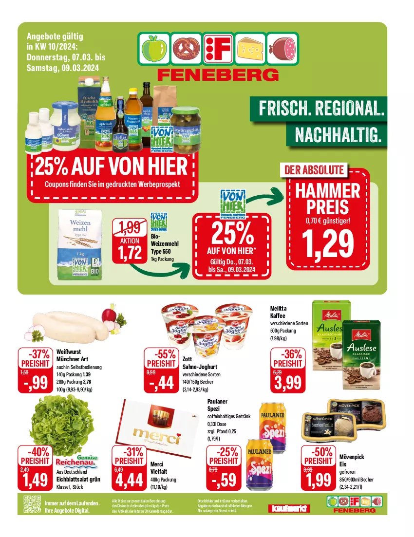 Aktueller Prospekt Feneberg - Prospekte - von 07.03 bis 09.03.2024 - strona 1 - produkty: angebot, angebote, Becher, bio, coffein, coupon, coupons, Eichblattsalat, eis, elle, getränk, joghur, joghurt, kaffee, Laufen, mehl, melitta, merci, mövenpick, mövenpick eis, Paula, paulaner, reis, sahne, salat, Spezi, Ti, Weißwurst, weizenmehl, wurst, zott, ZTE