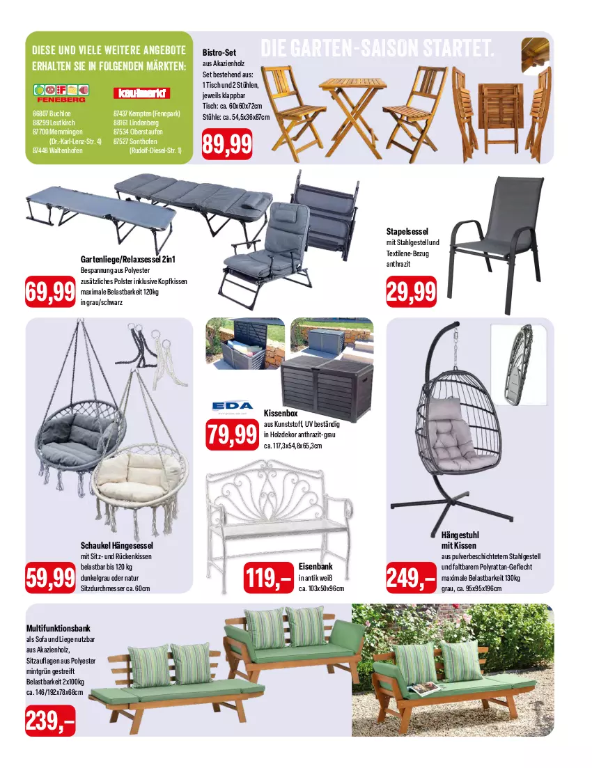 Aktueller Prospekt Feneberg - Prospekte - von 07.03 bis 09.03.2024 - strona 11 - produkty: angebot, angebote, Bank, buch, chloe, Diesel, eis, emmi, Garten, gartenliege, hängesessel, Holz, kissen, kopfkissen, LG, Liege, messer, mint, natur, Ofen, rel, relaxsessel, Rückenkissen, Schaukel, sessel, Sitzauflage, Sofa, stapelsessel, Stühl, stuhl, Ti, tisch