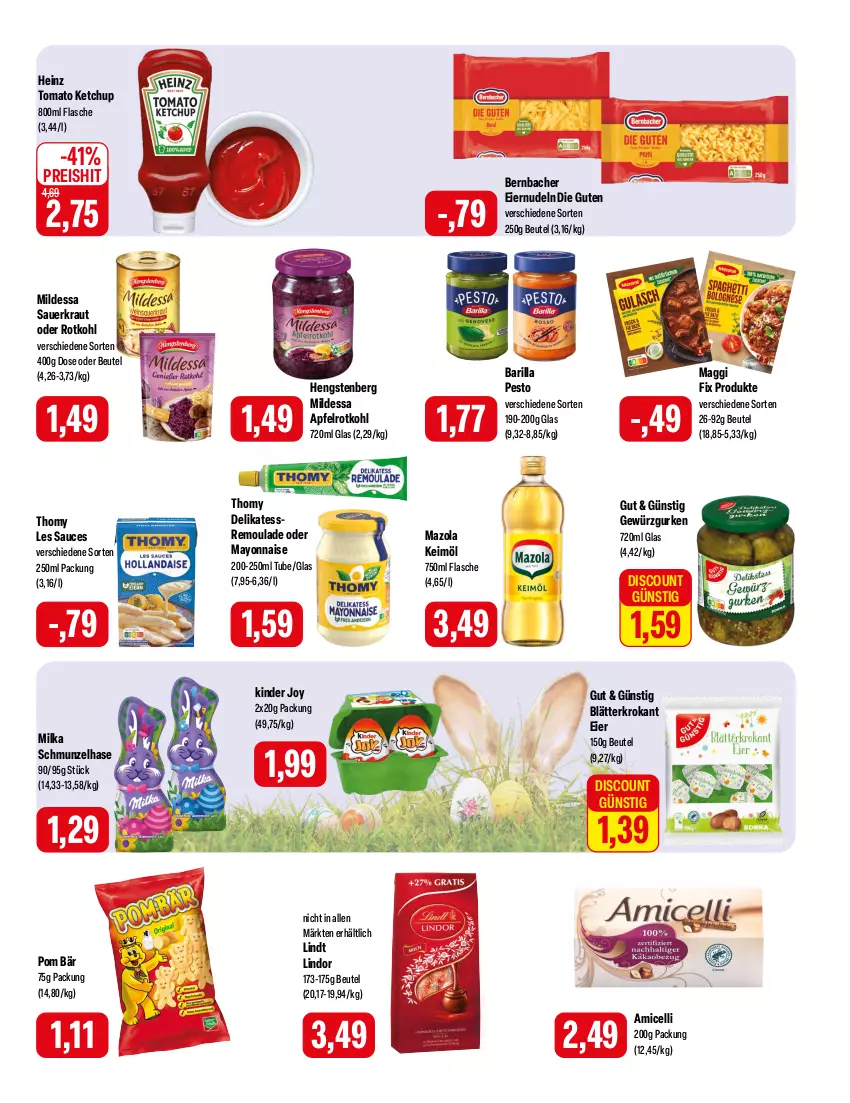 Aktueller Prospekt Feneberg - Prospekte - von 07.03 bis 09.03.2024 - strona 9 - produkty: amicelli, apfel, auer, barilla, bernbacher, beutel, discount, eier, eiernudeln, eis, flasche, gewürz, Gewürzgurke, gewürzgurken, gurke, gurken, heinz, hengstenberg, keimöl, ketchup, Kinder, Kraut, lindor, lindt, maggi, maggi fix, mayonnaise, mazola, milka, nudel, nudeln, pesto, reis, remoulade, rotkohl, sauce, Sauerkraut, thomy, thomy les sauces, Ti, tomato ketchup, Yo