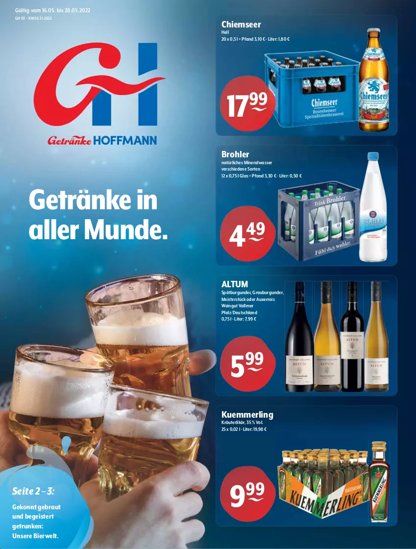 Aktueller Prospekt Getraenke Hoffmann - Prospekte - von 16.05 bis 28.05.2022 - strona 1 - produkty: Alwa, bier, burgunder, eis, getränk, getränke, grauburgunder, kräuter, kräuterlikör, kuemmerling, likör, Meister, merl, mineralwasser, natürliches mineralwasser, rwe, spätburgunder, Ti, wasser, wein