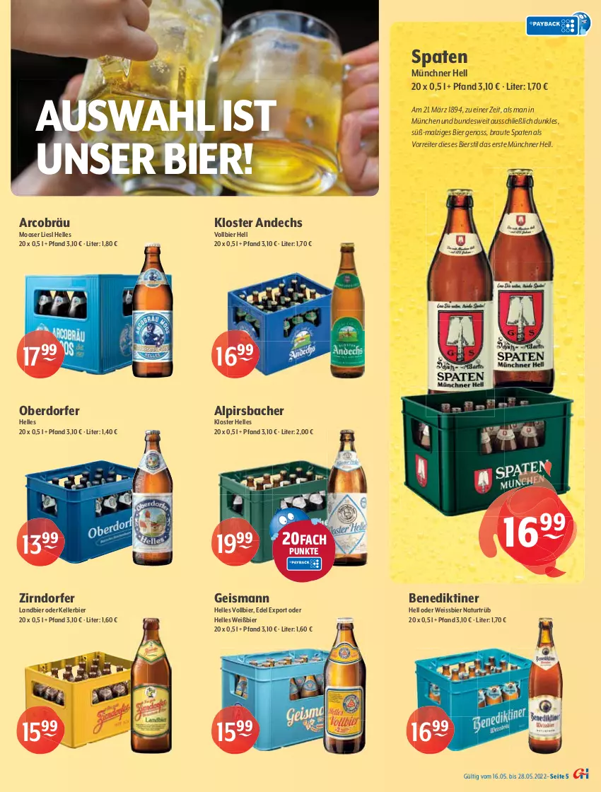 Aktueller Prospekt Getraenke Hoffmann - Prospekte - von 16.05 bis 28.05.2022 - strona 5 - produkty: Alpirsbacher, axe, Benediktiner, bier, eis, elle, Früh Kölsch, gin, grill, Guinness, kellerbier, Kloster Andechs, mac, malz, natur, Spaten, Spezi, Spiele, Ti, weissbier