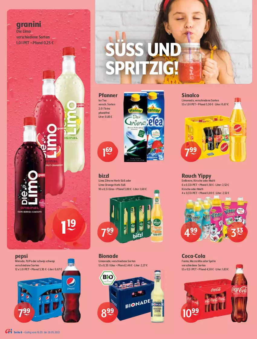 Aktueller Prospekt Getraenke Hoffmann - Prospekte - von 16.05 bis 28.05.2022 - strona 8 - produkty: 7UP, Alwa, beere, Berger, bio, bionade, coca-cola, cola, eis, erdbeere, erde, fanta, getränk, getränke, gewinnspiel, granini, granini die limo, ice tea, kirsch, kirsche, LG, limo, limonade, Mezzo Mix, mineralwasser, Mirinda, natur, natürliches mineralwasser, oder sprite, orange, pepsi, pfanne, Pfanner, radeberger, Rauch, rel, rind, Schwip Schwap, Selters, sinalco, Spiele, sprite, Staatl. Fachingen, steiner, Steinsieker, Ti, wasser, weck, zitrone