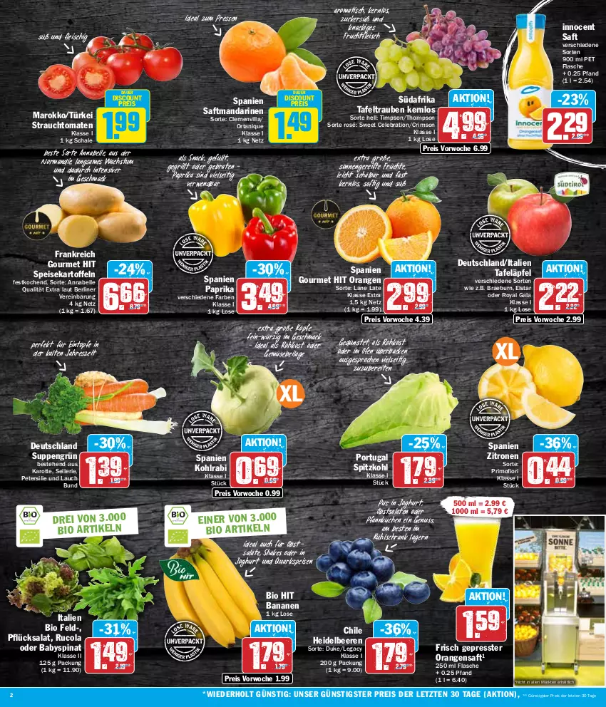 Aktueller Prospekt Hit - Wochenprospekt - von 19.02 bis 24.02.2024 - strona 2 - produkty: auer, Babyspinat, banane, bananen, beere, beeren, berliner, bio, bio hit, braten, cola, discount, eintöpfe, eis, elle, flasche, fleisch, frucht, früchte, fruchtfleisch, grill, heidelbeere, heidelbeeren, ilag, Innocent, joghur, joghurt, kartoffel, kartoffeln, kohlrabi, kuchen, kühlschrank, mac, mandarine, mandarinen, nuss, obst, Ofen, orange, orangen, orangensaft, paprika, petersilie, Pfannkuchen, quark, Rauch, reis, rucola, rwe, saft, salat, salate, Schal, Schale, Schrank, shake, snack, speisekartoffeln, spinat, spitzkohl, strauchtomaten, suppe, suppen, tafeläpfel, tafeltrauben, Ti, tisch, tomate, tomaten, trauben, zitrone, zitronen, ZTE, zucker