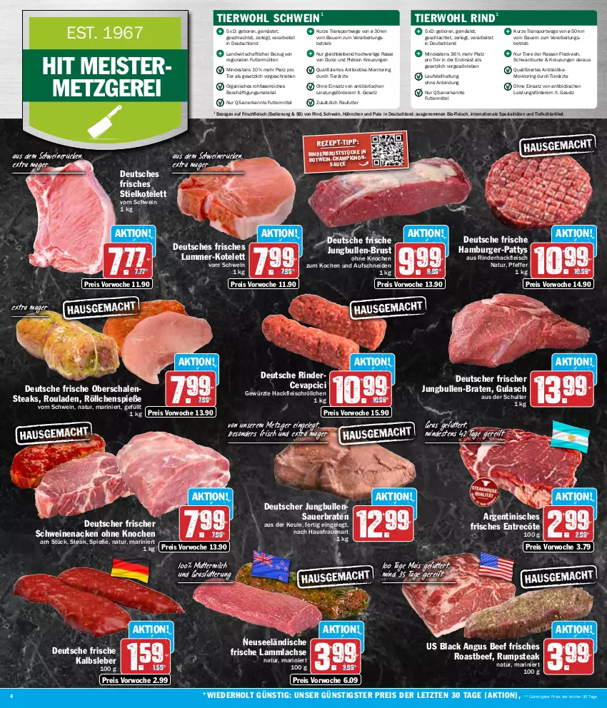 Aktueller Prospekt Hit - Wochenprospekt - von 19.02 bis 24.02.2024 - strona 4 - produkty: auer, Bau, Bauer, beef, bio, braten, burger, cevapcici, champignon, champignons, eis, entrecôte, fleisch, Geflügel, gewürz, gulasch, hackfleisch, hamburger, jungbullen, Kalbsleber, kotelett, lachs, lack, lamm, lammlachse, mais, Meister, milch, monitor, natur, pfeffer, pute, reis, Ria, rind, rinder, rinderhackfleisch, ring, roastbeef, rotwein, rouladen, rum, rumpsteak, sauce, Schal, Schale, schwein, schweine, schweinenacken, schweinerücken, Spezi, Sport, steak, steaks, Ti, Tiere, tisch, wein, weine, ZTE