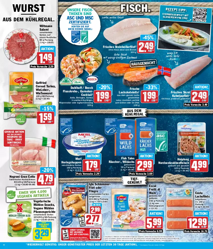 Aktueller Prospekt Hit - Wochenprospekt - von 19.02 bis 24.02.2024 - strona 6 - produkty: aqua, auer, aus dem kühlregal, braten, cocktail, coupon, coupons, discount, dressing, eis, elle, escal, filegro, filet, filets, fisch, fische, Fischer, fischtheke, fleisch, frischfisch, frucht, frutti di mare, garnelen, grill, gutfried, hering, Herings, Heringshappen, ideal zum braten, iglo, joghur, joghurt, kabeljaufilet, kochschinken, kotelett, Krebs, kühlregal, lachs, lachsfilet, lachsfilets, lenco, mac, mayonnaise, merl, natur, Nordsee, Ofen, pfanne, pfannen, regal, reis, ring, salami, Schere, schinken, schlemmerfilet, schnitten, snack, snacks, Steinbeißer, Steinbeißerfilet, tee, teewurst, teller, Ti, tisch, Vegeta, Wild, wiltmann, wurst, Yo, ZTE