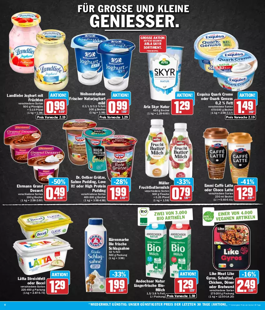 Aktueller Prospekt Hit - Wochenprospekt - von 19.02 bis 24.02.2024 - strona 8 - produkty: andechser natur, arla, arla skyr, bärenmarke, becel, Becher, bio, bratwurst, butter, buttermilch, caffè latte, creme, dessert, Dr. Oetker, ehrmann, Ehrmann Grand Dessert, eis, emmi, exquisa, flasche, frucht, früchte, früchten, grütze, gyros, joghur, joghurt, joghurt mild, landliebe, landliebe joghurt, lätta, latte, leine, Like Meat, milch, Müller, natur, naturjoghurt, nuss, pudding, quark, reis, sahne, schlagsahne, schnitzel, Skyr, Ti, weihenstephan, wurst, ZTE