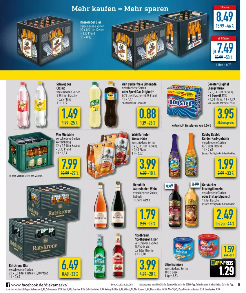 Aktueller Prospekt Diska - Prospekte - von 23.10 bis 28.10.2023 - strona 8 - produkty: aktionspreis, apfel, bier, deit, deka, drink, eis, energy drink, erdnüsse, flasche, frucht, getränk, gin, Glühwein, hasseröder, Kinder, krone, likör, limo, limonade, Mio Mio, nordbrand, nuss, reis, robby, schöfferhofer, schweppes, Spezi, Ti, ültje, ültje erdnüsse, wein, ZTE, zucker