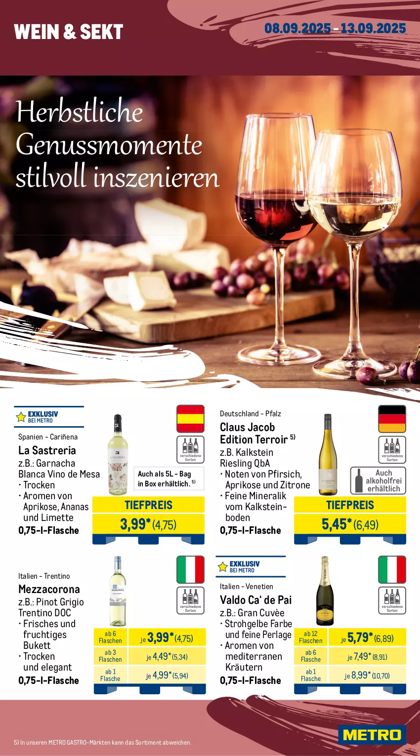 Aktueller Prospekt Metro - Wochen-Angebote Gastro - von 08.09 bis 13.09.2025 - strona 14 - produkty: ananas, angebot, aperitif, aprikose, beere, beeren, blume, blumen, corona, ecco, eis, elle, ente, flasche, frizzante, frucht, früchte, früchten, getränk, getränke, Käse, kräuter, kräutern, leitz, limette, mac, mandel, mandeln, Metro, metro gastro, Mett, mezzacorona, monte, nuss, Palette, perla, pfirsich, Pinot, pinot grigio, prosecco, Rauch, reis, Ria, riesling, sekt, sim, Ti, tiefpreis, valdo, vanille, wein, zitrone