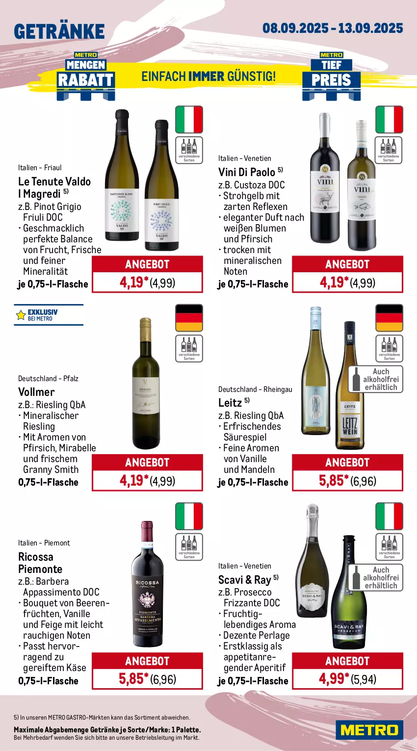 Aktueller Prospekt Metro - Wochen-Angebote Gastro - von 08.09 bis 13.09.2025 - strona 15 - produkty: ananas, angebot, aperitif, aprikose, beere, beeren, blume, blumen, corona, ecco, eis, elle, ente, flasche, frizzante, frucht, früchte, früchten, getränk, getränke, Käse, kräuter, kräutern, leitz, limette, mac, mandel, mandeln, Metro, metro gastro, Mett, mezzacorona, monte, nuss, Palette, perla, pfirsich, Pinot, pinot grigio, prosecco, Rauch, reis, Ria, riesling, sekt, sim, Ti, tiefpreis, valdo, vanille, wein, zitrone