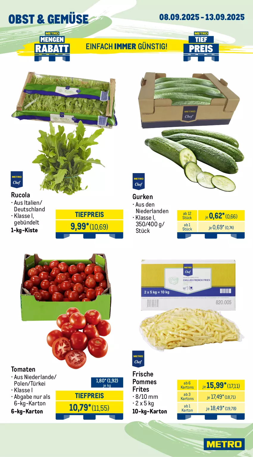 Aktueller Prospekt Metro - Wochen-Angebote Gastro - von 08.09 bis 13.09.2025 - strona 8 - produkty: butter, cola, eimer, eis, flasche, frucht, fruchtjoghurt, gurke, gurken, joghur, joghurt, mac, milch, milram, obst, pflanze, pflanzen, Pflanzenfett, pommes, Pommes Frites, reis, rucola, sahne, salakis, Ti, tiefpreis, tisch, tomate, tomaten