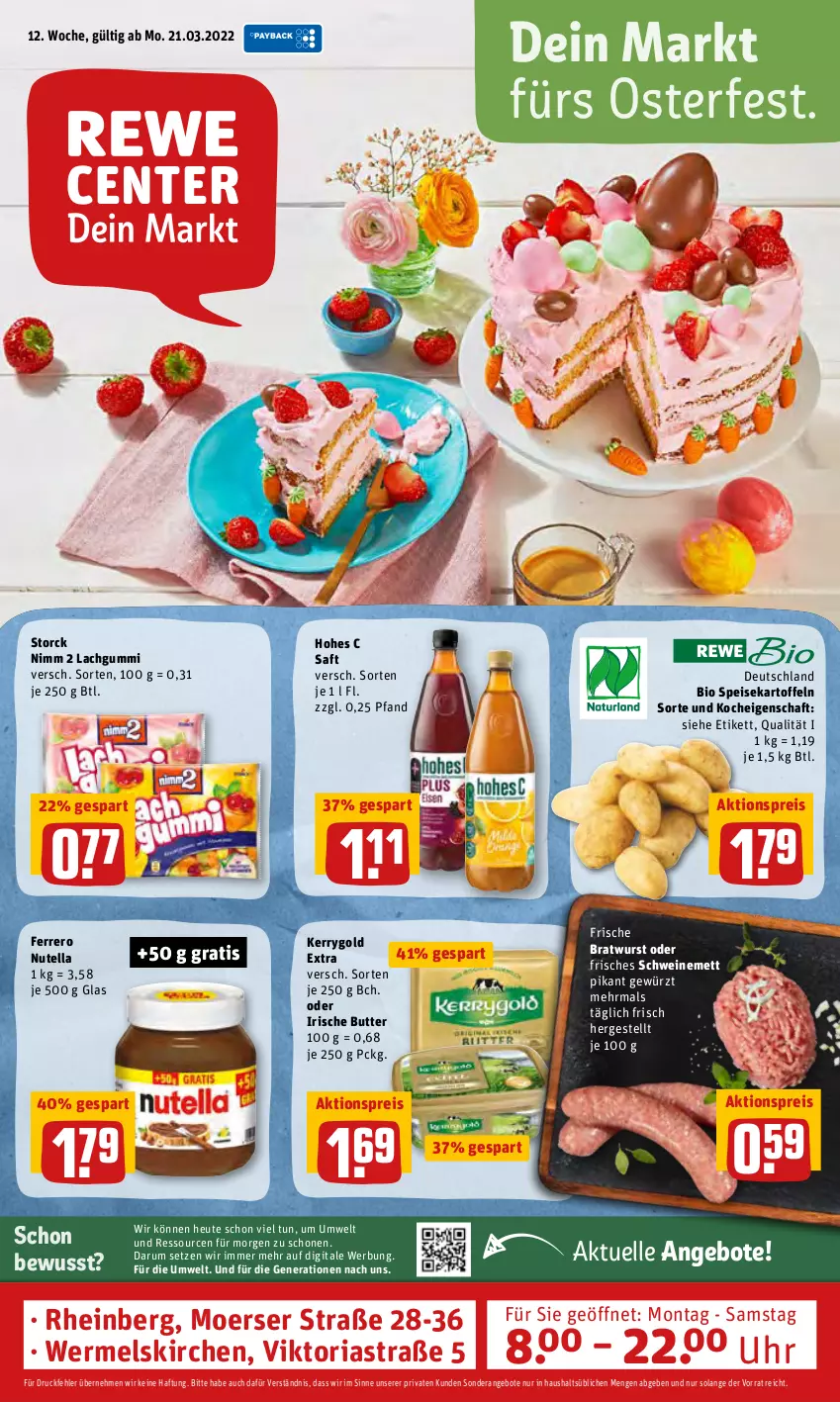 Aktueller Prospekt Rewe - Prospekte - von 21.03 bis 27.03.2022 - strona 1 - produkty: aktionspreis, angebot, angebote, Astra, bio, bratwurst, butter, eis, elle, ferrero, gewürz, Heu, Hohes C, irische butter, kartoffel, kartoffeln, kerrygold, kerrygold extra, lachgummi, Mett, Nimm 2, nutella, reis, Ria, rum, saft, schwein, schweine, schweinemett, speisekartoffeln, storck, Ti, uhr, wein, weine, wurst