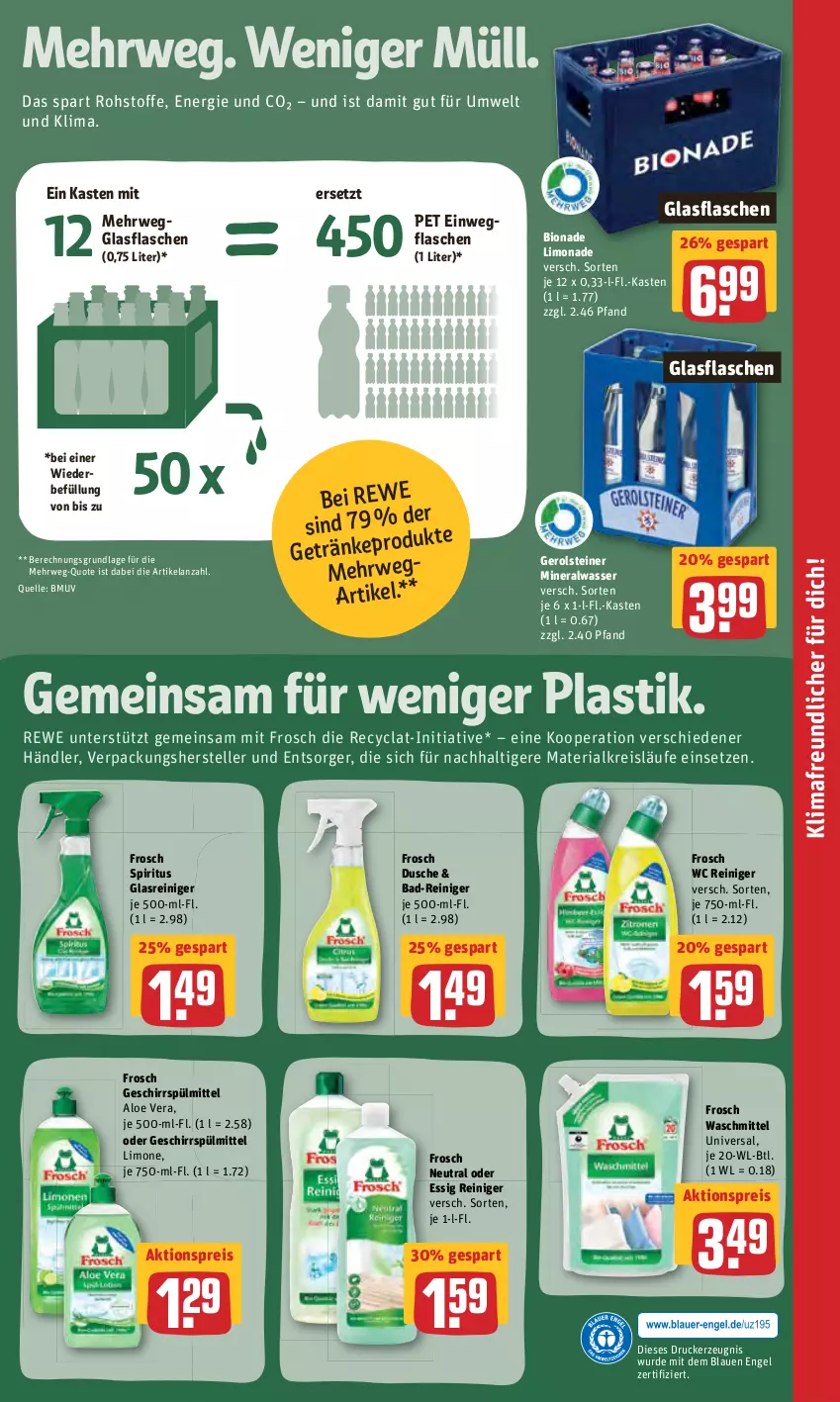 Aktueller Prospekt Rewe - Prospekte - von 21.03 bis 27.03.2022 - strona 17 - produkty: aktionspreis, aloe vera, Alwa, asti, Bad, Bad-Reiniger, bio, bionade, drucker, dusche, eis, Elan, elle, Engel, essig, flasche, Frosch, gerolsteine, gerolsteiner, geschirr, geschirrspülmittel, getränk, getränke, glasflasche, Glasreiniger, kerze, limo, limonade, mineralwasser, reiniger, reis, Ria, rwe, spiritus, spülmittel, steiner, teller, Ti, waschmittel, wasser