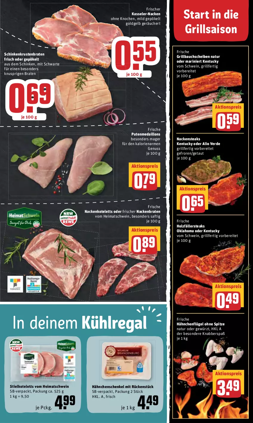 Aktueller Prospekt Rewe - Prospekte - von 21.03 bis 27.03.2022 - strona 5 - produkty: aktionspreis, Bau, bauchscheiben, braten, eis, erde, Frische Hähnchen, gewürz, grill, Grillbauch, hähnchenflügel, hähnchenschenkel, henkel, Holz, holzfällersteaks, kasseler, kotelett, krustenbraten, kühlregal, medaillons, nackenkoteletts, Nackensteak, nackensteaks, natur, nuss, pute, regal, reis, saft, schenkel, schinken, schwein, steak, steaks, Ti, tuc, wein