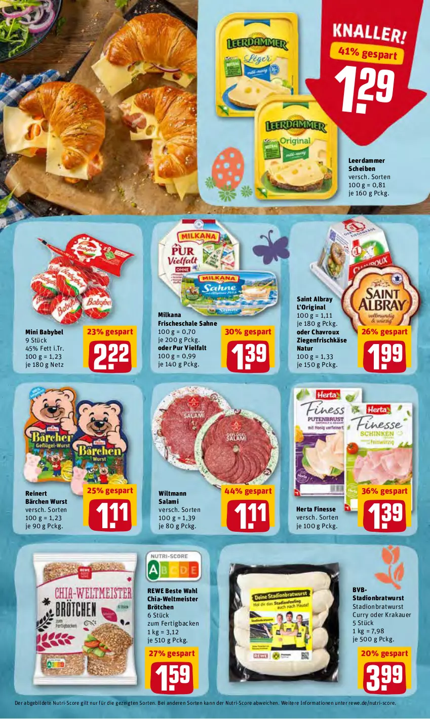 Aktueller Prospekt Rewe - Prospekte - von 21.03 bis 27.03.2022 - strona 8 - produkty: albray, auer, babybel, bratwurst, brötchen, chavroux, chia, curry, eis, finesse, frischkäse, gin, herta, herta finesse, Käse, krakauer, leerdammer, Meister, milka, milkana, mini babybel, natur, reinert, rewe beste wahl, sahne, saint albray, salami, Schal, Schale, Ti, wiltmann, wurst, ziegenfrischkäse