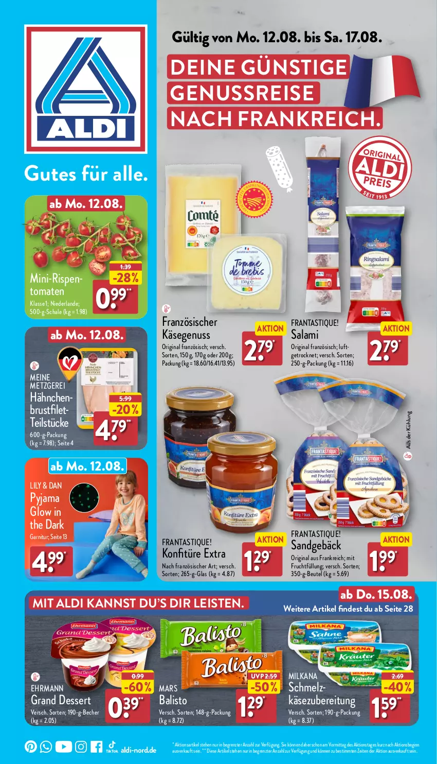 Aktueller Prospekt Aldi Nord - Von Montag - von 12.08 bis 17.08.2024 - strona 1 - produkty: aldi, asti, balisto, Becher, beutel, brustfilet, dessert, ehrmann, eis, filet, frucht, garnitur, gin, Käse, konfitüre, konfitüre extra, mars, milka, milkana, mit frucht, nuss, Pyjama, reis, salami, Schal, Schale, Ti, tomate, tomaten, ZTE