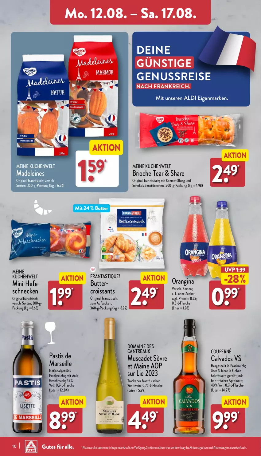 Aktueller Prospekt Aldi Nord - Von Montag - von 12.08 bis 17.08.2024 - strona 10 - produkty: aldi, apfel, asti, butter, creme, Croissant, croissants, eis, flasche, getränk, gin, Hefe, Holz, kuchen, leine, LG, mac, mars, nuss, orangina, reis, schoko, schokolade, schokoladen, Ti, wein, Weißwein, ZTE, zucker