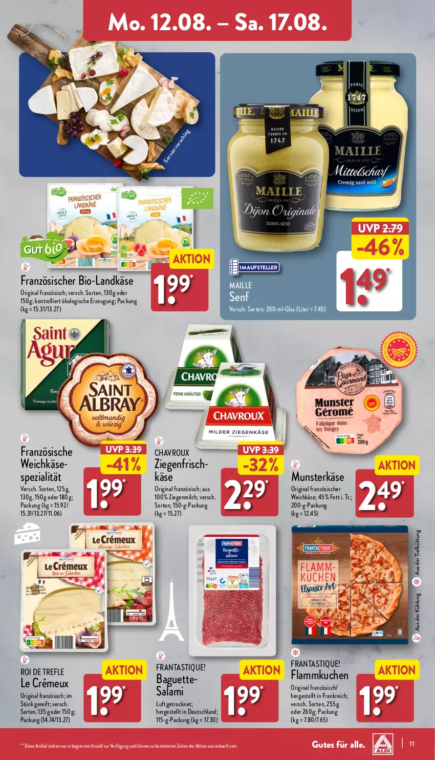 Aktueller Prospekt Aldi Nord - Von Montag - von 12.08 bis 17.08.2024 - strona 11 - produkty: asti, aus der tiefkühlung, baguette, bio, chavroux, elle, flammkuchen, französischer weichkäse, gin, Käse, kuchen, lamm, landkäse, maille, milch, ndk, salami, senf, Spezi, teller, Ti, trolli, weichkäse, ZTE