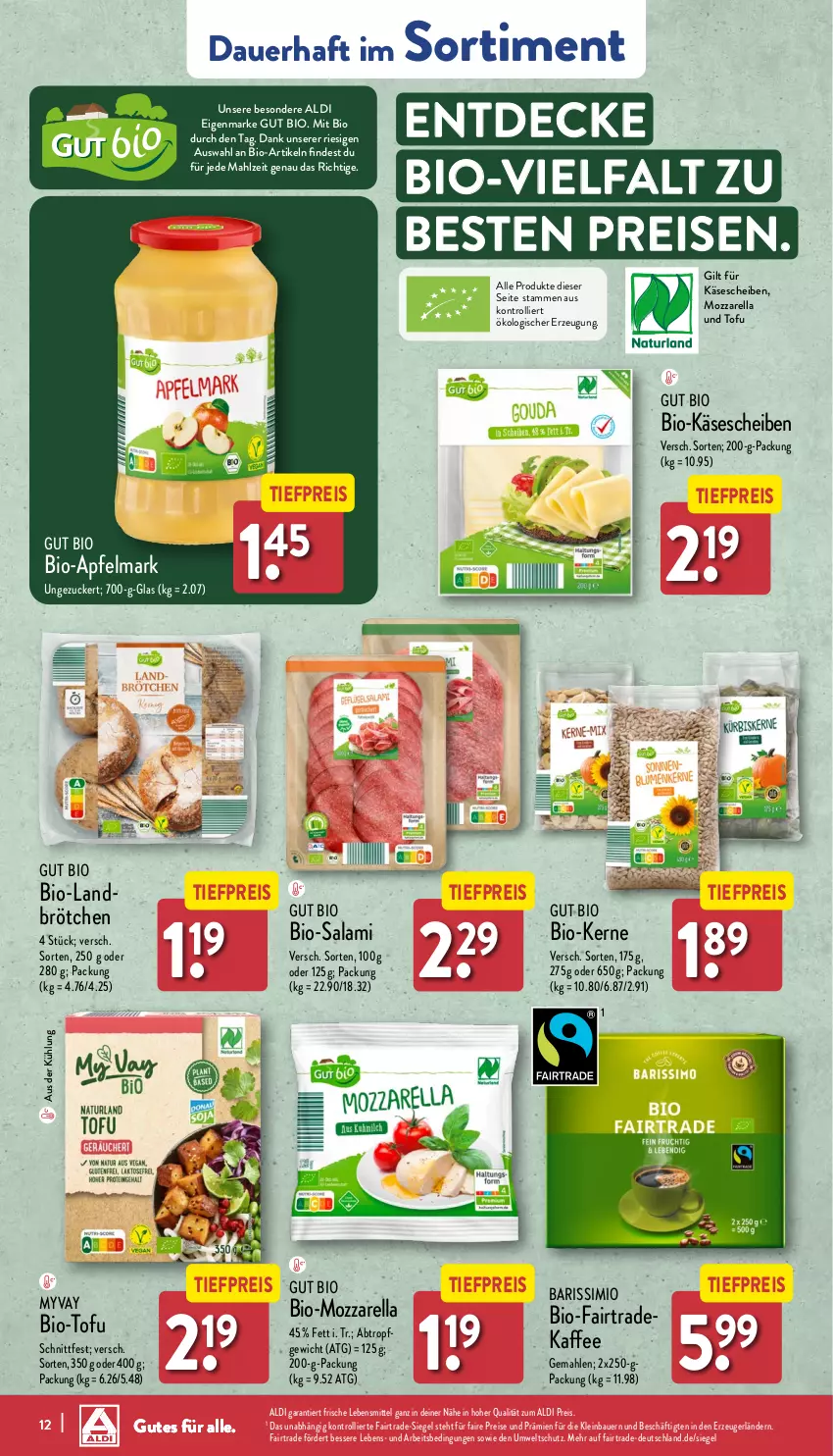 Aktueller Prospekt Aldi Nord - Von Montag - von 12.08 bis 17.08.2024 - strona 12 - produkty: aldi, apfel, auer, Bau, Bauer, bio, Bio-Käse, Bio-Salami, brötchen, decke, eis, kaffee, Käse, käsescheiben, lebensmittel, mozzarella, reis, rel, salami, sim, Ti, tiefpreis, Tofu, trolli, zucker