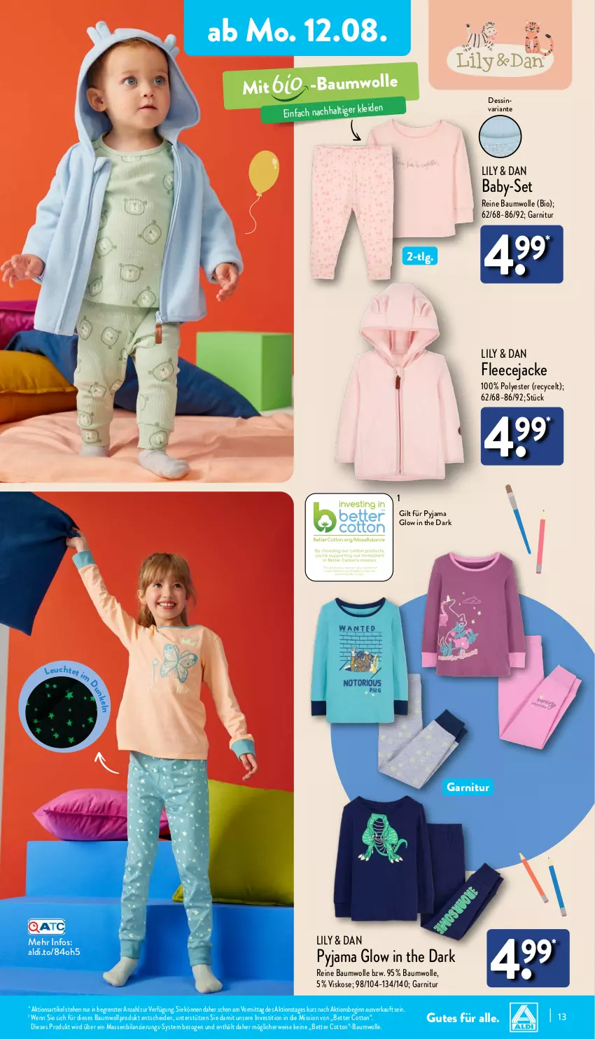 Aktueller Prospekt Aldi Nord - Von Montag - von 12.08 bis 17.08.2024 - strona 13 - produkty: aldi, Bau, baumwolle, bett, bio, eis, Fleecejacke, garnitur, gin, Jacke, Leuchte, LG, Pyjama, reine baumwolle, Ria, rwe, Ti, wolle, ZTE