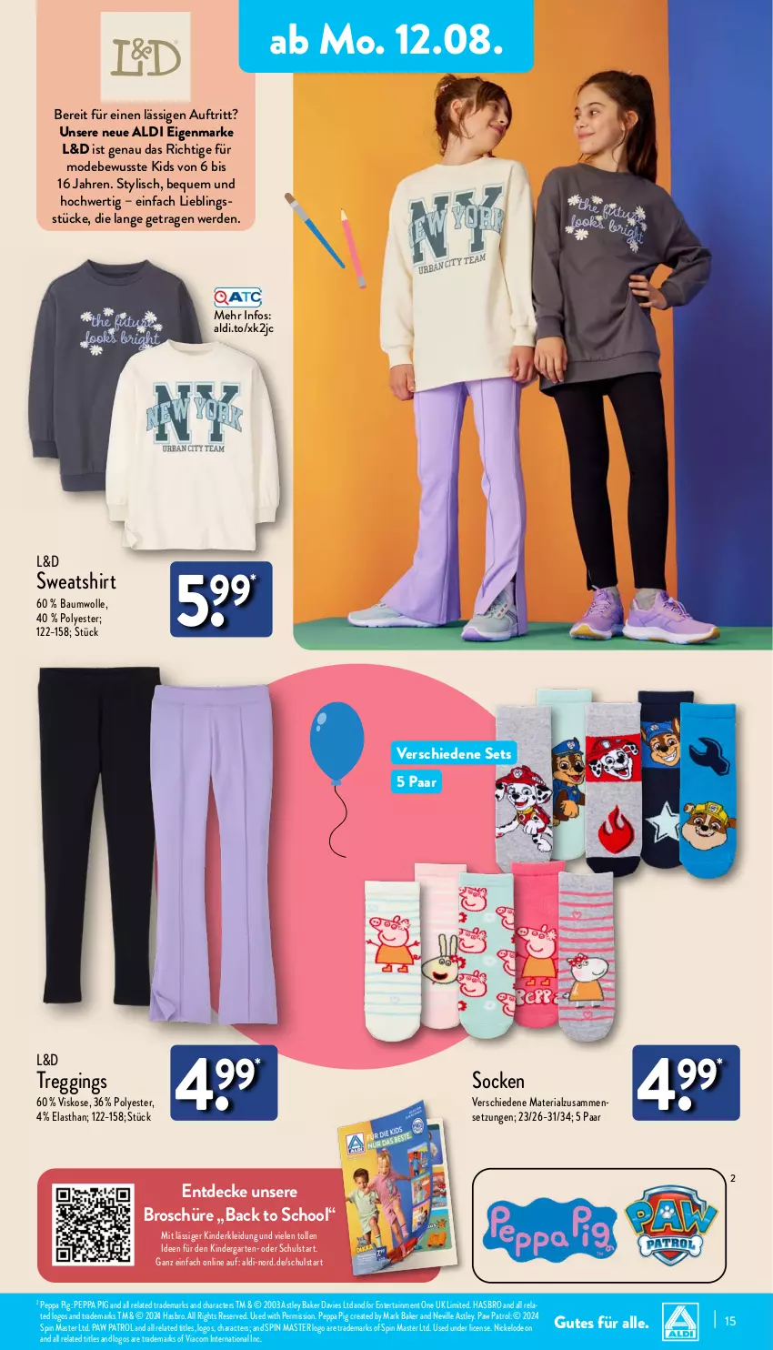 Aktueller Prospekt Aldi Nord - Von Montag - von 12.08 bis 17.08.2024 - strona 15 - produkty: aldi, Bau, baumwolle, decke, deo, ente, erde, Garten, gin, Hasbro, K2, Kinder, kleid, Kleidung, lack, Mode, Paw Patrol, Peppa Pig, rel, Ria, shirt, socken, Sweatshirt, Ti, wolle