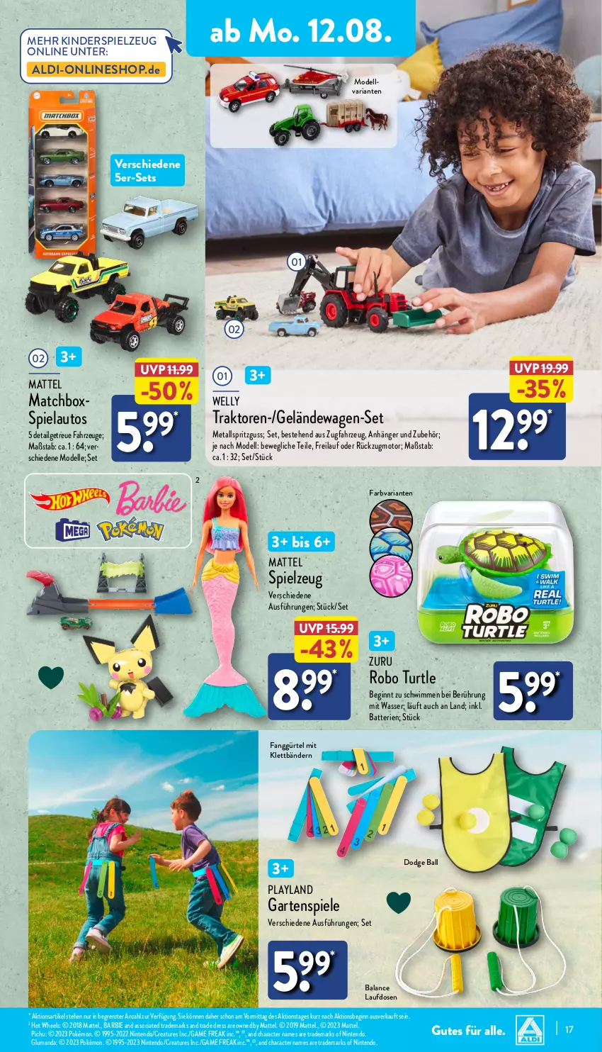 Aktueller Prospekt Aldi Nord - Von Montag - von 12.08 bis 17.08.2024 - strona 17 - produkty: aldi, Anhänger, auto, ball, Barbie, batterie, batterien, dell, elle, Garten, gin, Hot Wheels, Kinder, Kinderspiel, LG, Mattel, Mode, nintendo, Ria, Spiele, spielzeug, Ti, wasser, ZTE