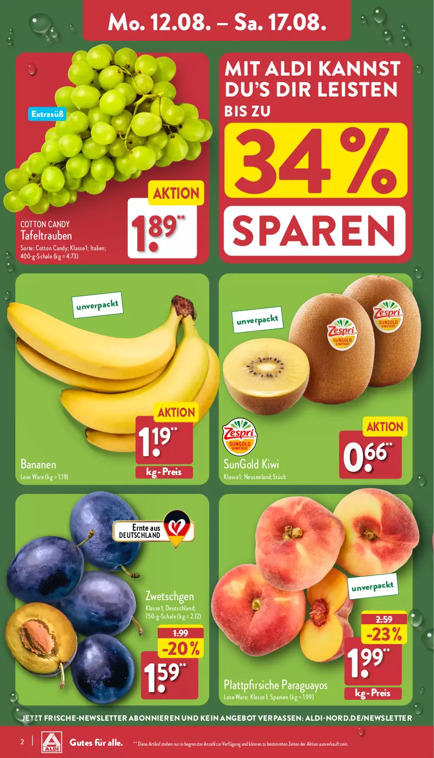 Aktueller Prospekt Aldi Nord - Von Montag - von 12.08 bis 17.08.2024 - strona 2 - produkty: aldi, angebot, banane, bananen, eis, Elan, kiwi, paraguayos, pfirsich, pfirsiche, plattpfirsiche, reis, Schal, Schale, tafeltrauben, Ti, trauben, Yo, ZTE