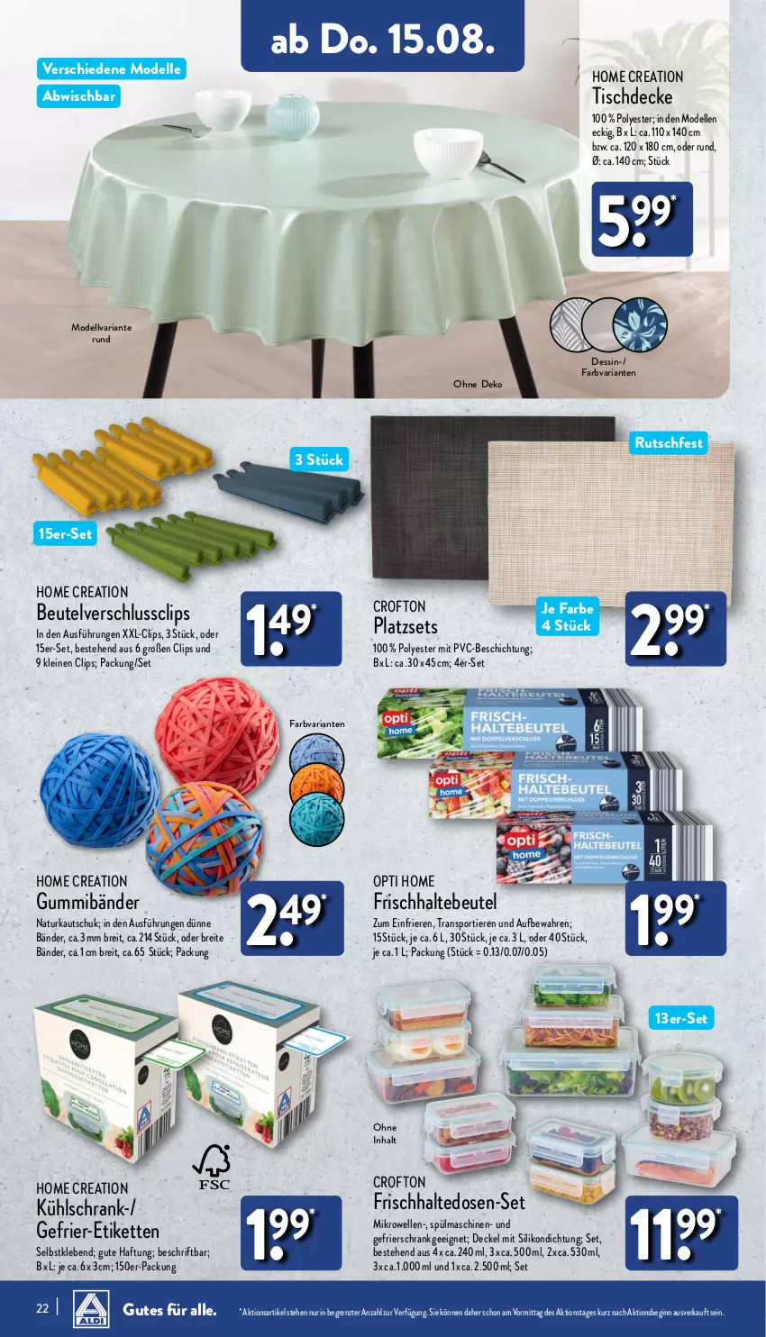 Aktueller Prospekt Aldi Nord - Von Montag - von 12.08 bis 17.08.2024 - strona 22 - produkty: beutel, Brei, Crofton, decke, Deckel, dell, elle, frischhaltedosen, gefrierschrank, gin, Kette, kühlschrank, leine, mikrowelle, Mode, natur, Ria, Schrank, spülmaschinen, Ti, Tiere, tisch, tischdecke, ZTE