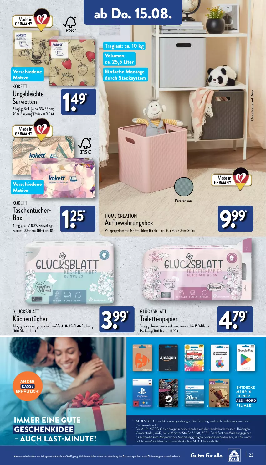 Aktueller Prospekt Aldi Nord - Von Montag - von 12.08 bis 17.08.2024 - strona 23 - produkty: aldi, aufbewahrungsbox, Bank, Clin, decke, eis, erde, Germ, gin, gutschein, gutscheine, Hela, küche, Küchen, küchentücher, papier, Ria, ring, Serviette, servietten, Tasche, taschen, taschentücher, Ti, toilettenpapier, tücher, ZTE