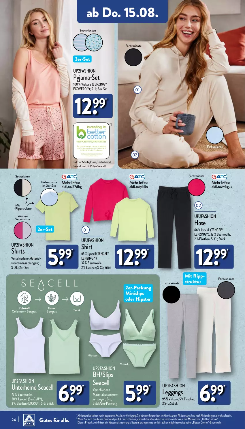 Aktueller Prospekt Aldi Nord - Von Montag - von 12.08 bis 17.08.2024 - strona 24 - produkty: aldi, Bau, baumwolle, bett, ecovero, eis, gin, hemd, hose, leggings, lenzing, Minislip, Pyjama, Ria, rwe, shirt, shirts, slip, slips, Ti, Unterhemd, up2fashion, wolle, Yo, ZTE