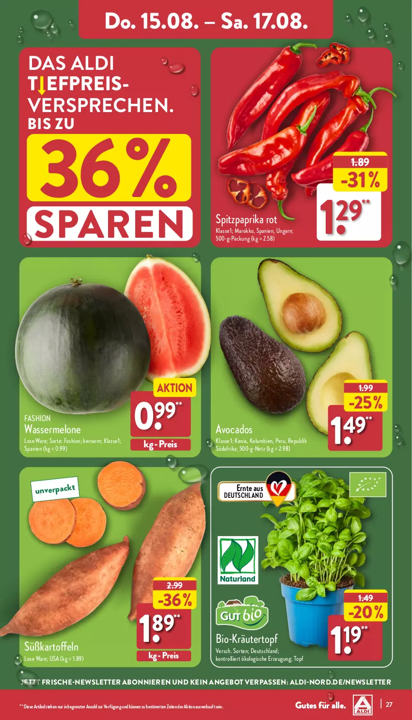 Aktueller Prospekt Aldi Nord - Von Montag - von 12.08 bis 17.08.2024 - strona 27 - produkty: aldi, angebot, avocado, avocados, bio, eis, kartoffel, kartoffeln, kräuter, melone, paprika, paprika rot, reis, Spitzpaprika, Süßkartoffeln, Ti, topf, trolli, wasser, wassermelone, ZTE