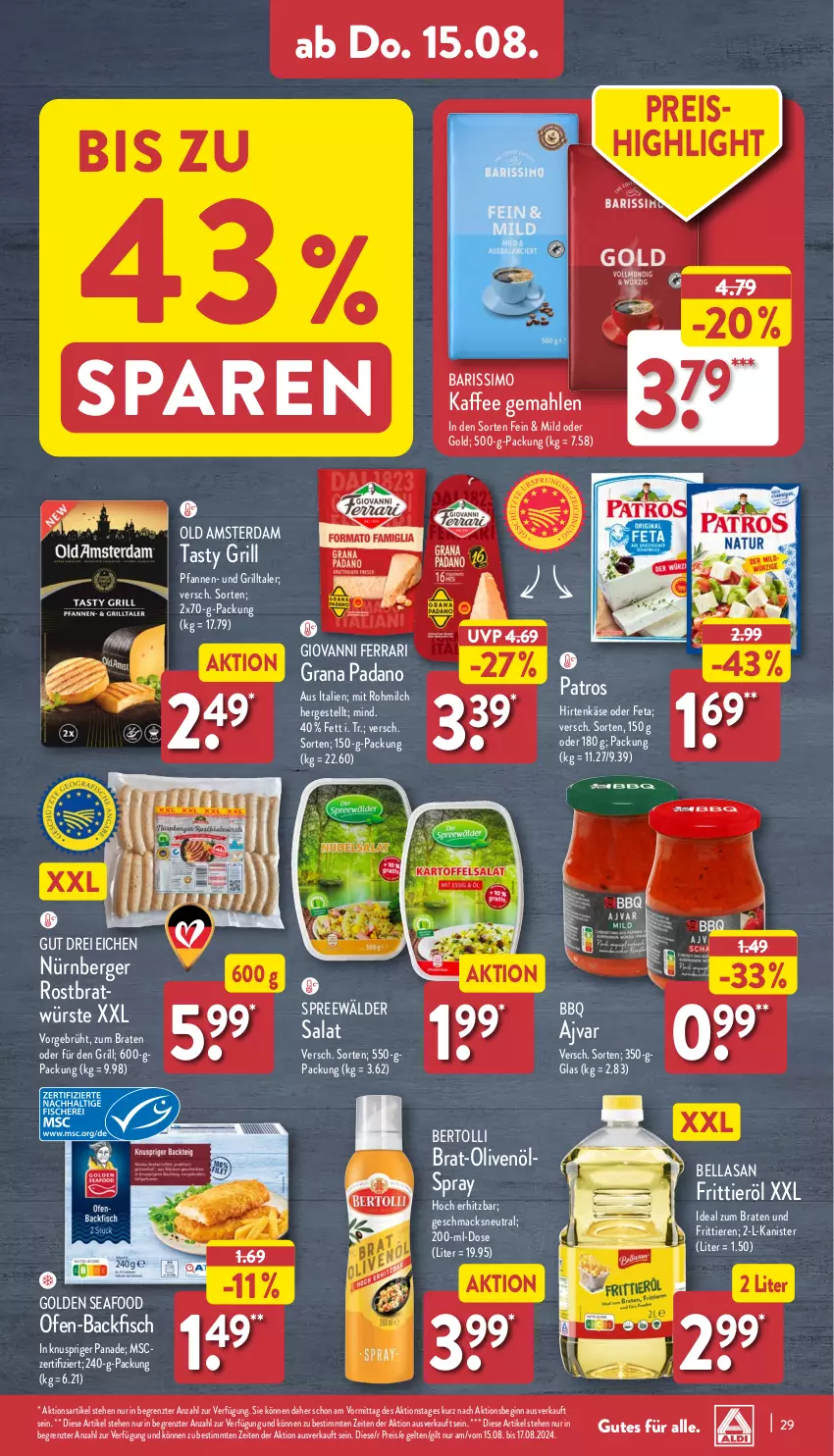 Aktueller Prospekt Aldi Nord - Von Montag - von 12.08 bis 17.08.2024 - strona 29 - produkty: Ajvar, backfisch, Berger, bertolli, braten, eis, feta, fisch, Frittieröl, gin, grana, grana padano, grill, hirtenkäse, ideal zum braten, kaffee, Käse, mac, milch, nürnberger, Ofen, Old Amsterdam, olive, oliven, olivenöl, padano, patros, pfanne, pfannen, Rana, reis, salat, sim, spreewälder, Ti, Tiere, ZTE