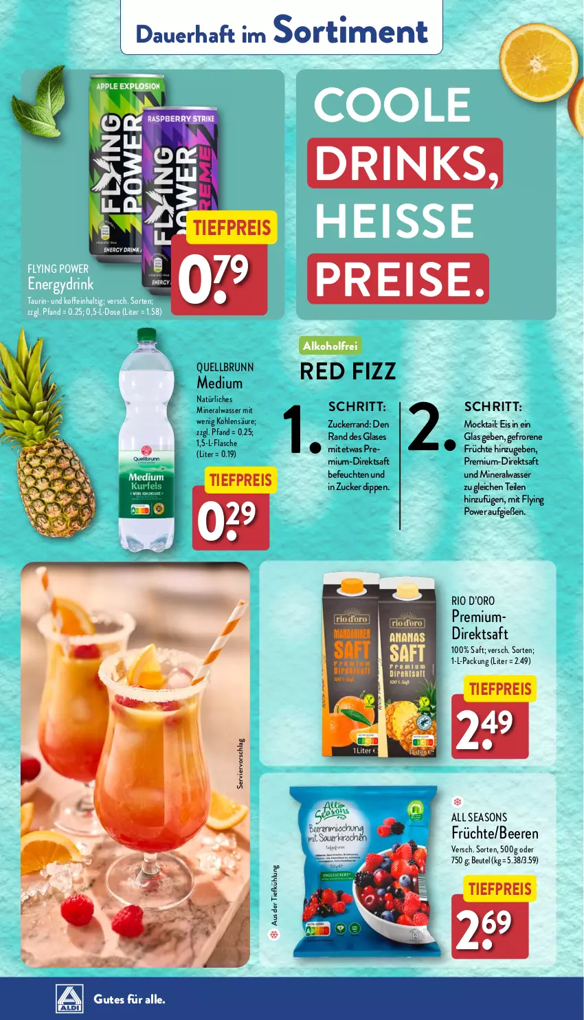 Aktueller Prospekt Aldi Nord - Von Montag - von 12.08 bis 17.08.2024 - strona 36 - produkty: alkohol, Alwa, auer, aus der tiefkühlung, beere, beeren, beutel, dip, direktsaft, drink, drinks, eis, flasche, früchte, mineralwasser, natürliches mineralwasser, Quellbrunn, reis, saft, Ti, tiefpreis, wasser, zucker