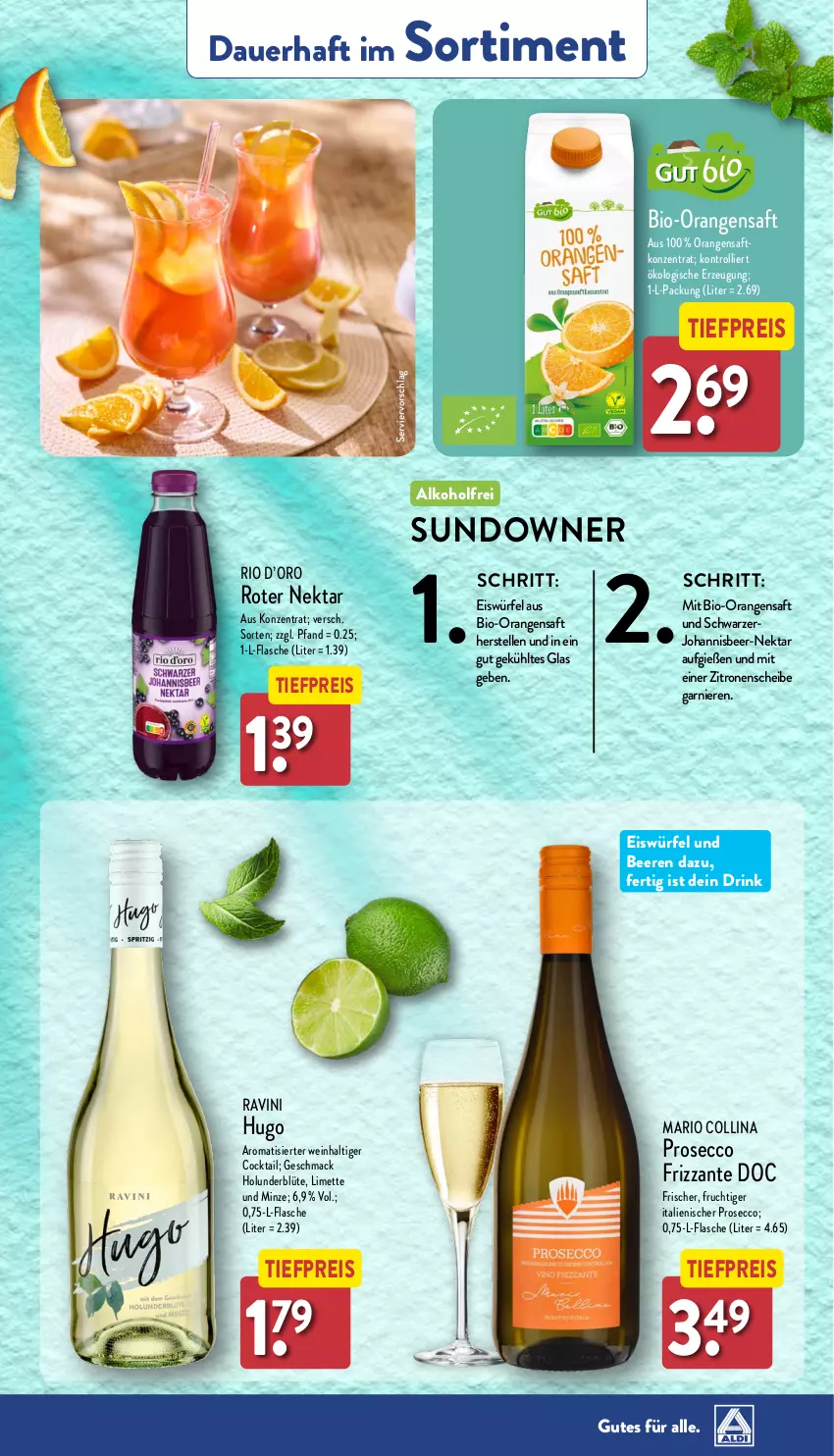 Aktueller Prospekt Aldi Nord - Von Montag - von 12.08 bis 17.08.2024 - strona 37 - produkty: alkohol, auer, beere, beeren, bio, Blüte, cocktail, drink, ecco, eis, eiswürfel, elle, flasche, frizzante, frucht, garnier, holunder, holunderblüte, hugo, limette, mac, Mett, minze, Nektar, orange, orangen, orangensaft, prosecco, reis, saft, Ti, tiefpreis, trolli, wein, würfel, zitrone, zitronen