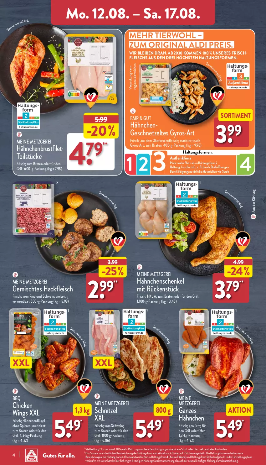 Aktueller Prospekt Aldi Nord - Von Montag - von 12.08 bis 17.08.2024 - strona 4 - produkty: aldi, bio, braten, brustfilet, chicken wings, eis, filet, fleisch, geschnetzeltes, gewürz, gin, grill, gyros, hackfleisch, hähnchenbrust, hähnchenbrustfilet, hähnchenflügel, hähnchenschenkel, henkel, Heu, Ofen, reis, Ria, rind, rwe, schenkel, schnitzel, schwein, Ti, wein, Zelt